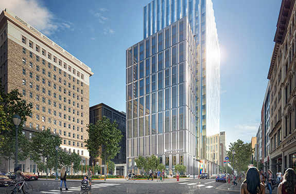 A rendering depicts an intersection in downtown Philadelphia where pedestrians walk around in front of the Honickman Center building.