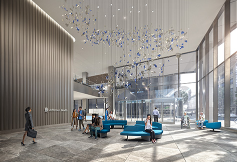 A rendering depicts the Honickman Center lobby, where some visitors sit on couches and chairs while others walk around beneath the large, hanging art installation suspended from the ceiling.