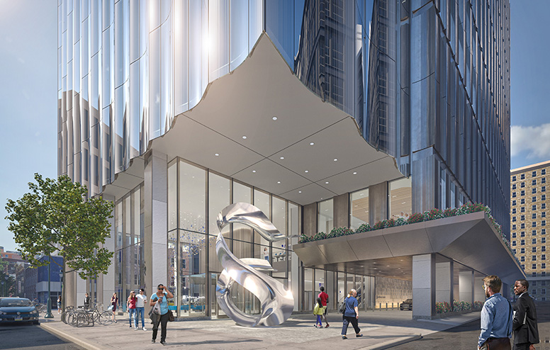 A rendering depicts pedestrians walking around in front of the entrance to the Honickman Center, which features a large abstract silver sculpture.