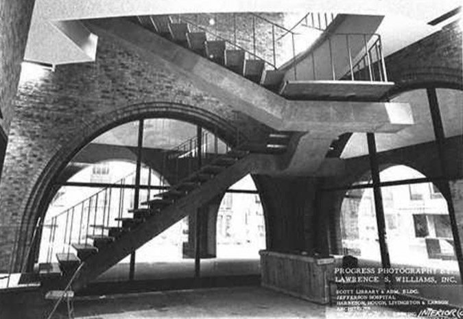 Interior view of finished first floor stairway in Scott Memorial Library.