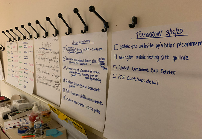 A collection of white papers hanging on a wall include handwritten lists of accomplishments, priorities and to-do lists for March of 2020.