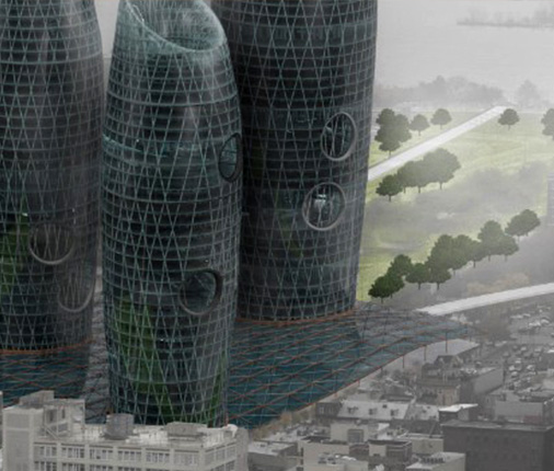 A rendering shows a clouded gray city with some green spaces and a body of water behind three futuristic-looking buildings dominating the skyline.