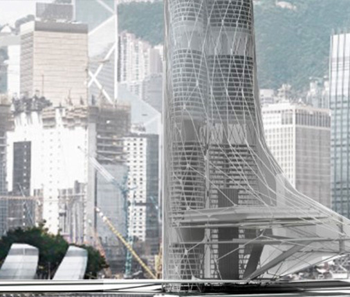 A rendering shows a futuristic-looking building in front of a mostly white and grey city skyline with a large green hill in the background and water in the foreground.