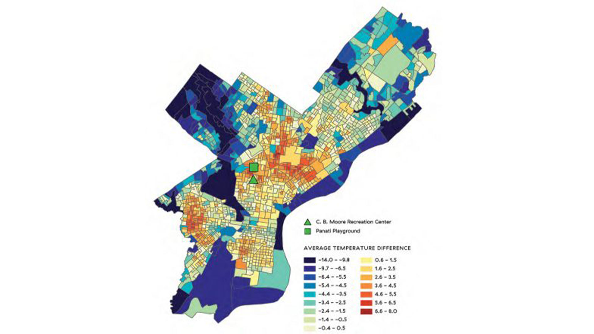 A map featuring the C.B. Moore Recreation Center and the Panati Playground and the surrounding area depicts the average temperature differences with a wide array of colors.