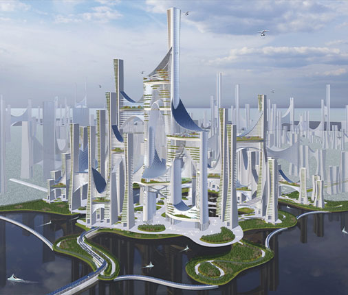 A rendering shows a student project from the Net-Zero Carbon Cities studio (taught by Dr. Du) featuring a futuristic-looking city skyline with lots of green spaces and surrounded by water.