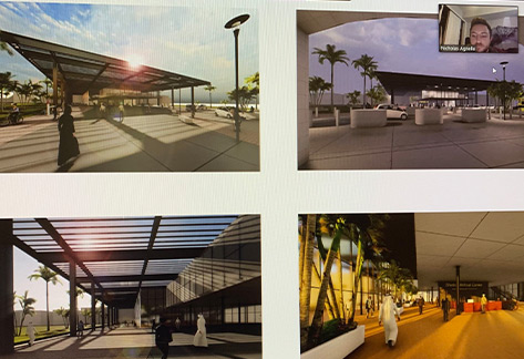 Four renderings depict various views of the Sheba Medical Center entrance with pedestrians and vehicles outside.