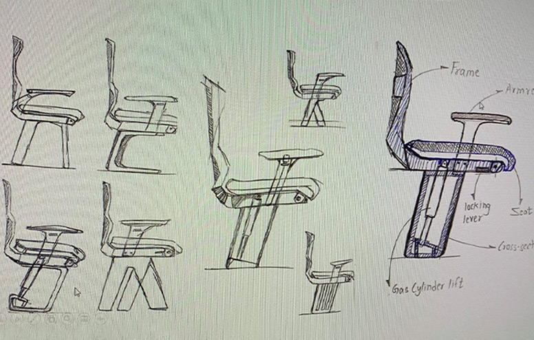 Eight chair drawings of various sizes are shown in profile with arrows and labels pointing out various design elements of the largest, most detailed drawing.