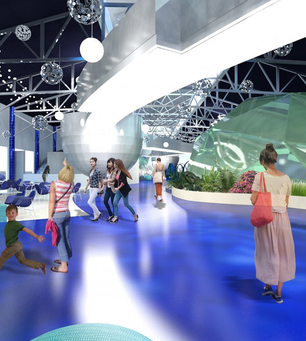 A rendering depicts several people walking around inside a room with a bright blue floor, several indoor plants, a seating area, and a long hallway with sparkly, ball-shaped art installations hanging from the ceiling.