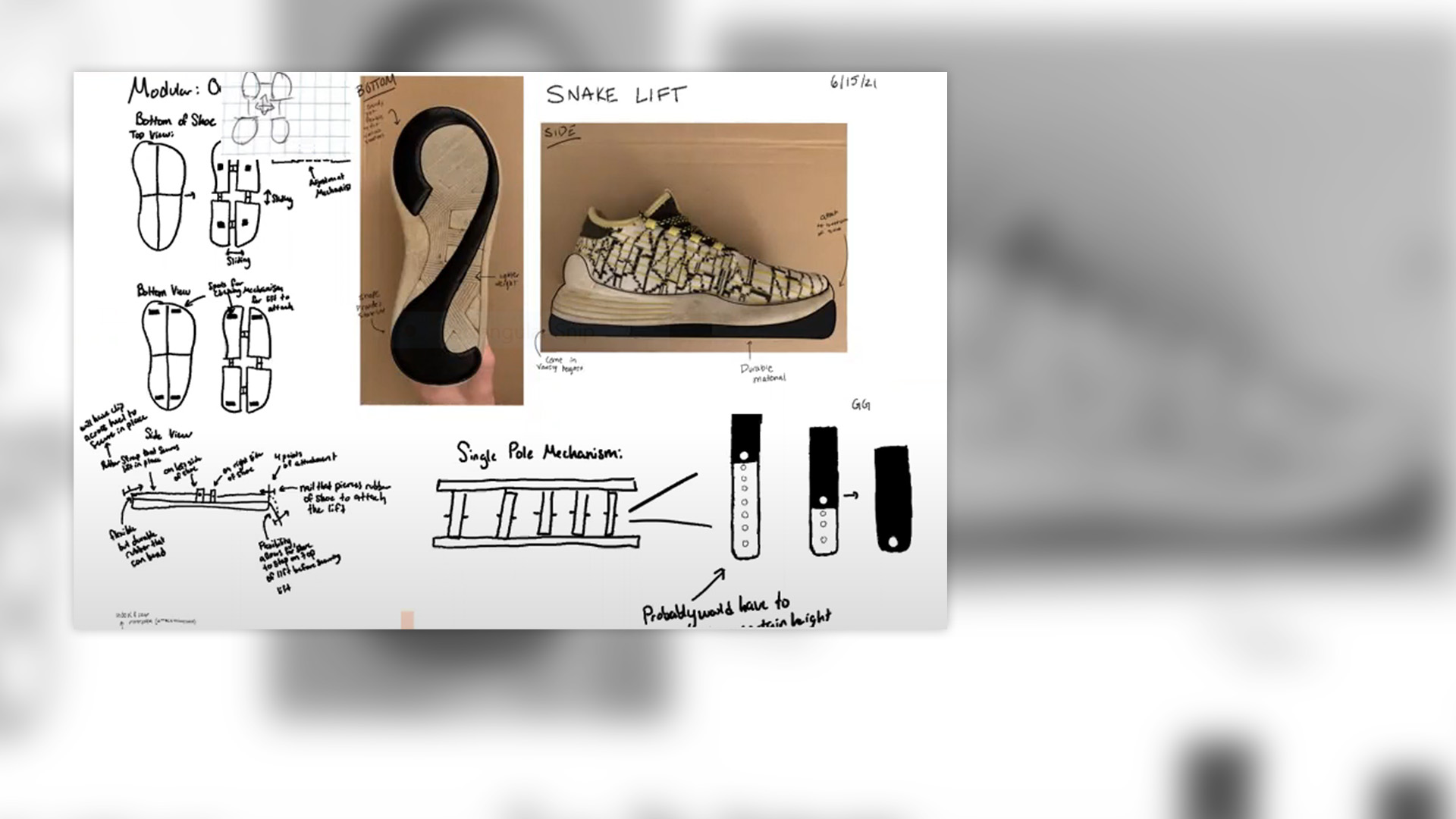 Team Soleia design sketches, including hand-drawn diagrams of the shoe lifts and pole mechanisms as well as photos of an actual shoe sole and profile.