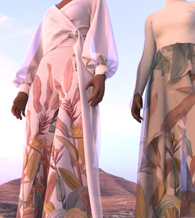A rendering depicts two bodies from the neck down wearing virtual designs including wrap skirts with foliage print and white, flowy shirts.