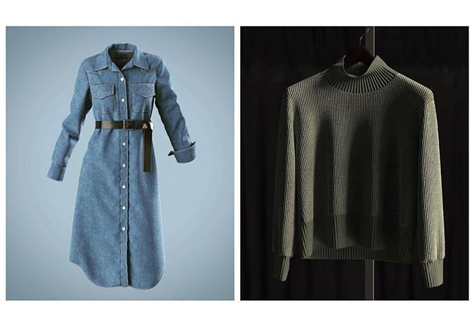 A side-by-side of two renderings depicts a denim dress with a black belt on the left and an olive sweater on a hanger on the right.