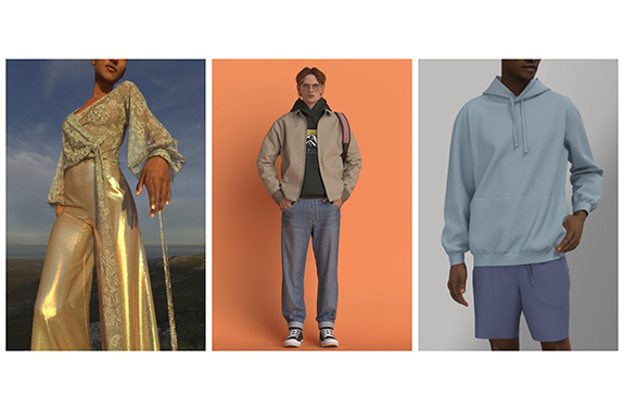 A collage of three renderings showcasing various virtual fashion designs, including shiny gold pants and a flowy gold top on the left, jeans with a black hoodie and tan jacket in the middle and blue shorts with a light blue hoodie on the right.