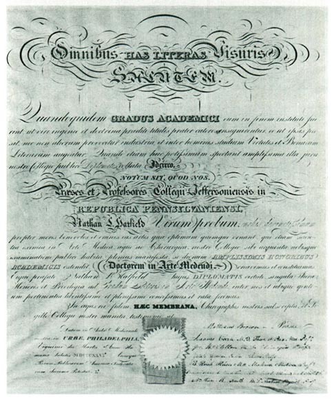 Diploma of Nathan L. Hatfield, a prominent member of the first graduating class of 1826.