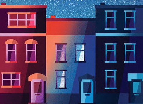 An illustration of an urban neighborhood at nighttime featuring blue, orange, red and purple hues.