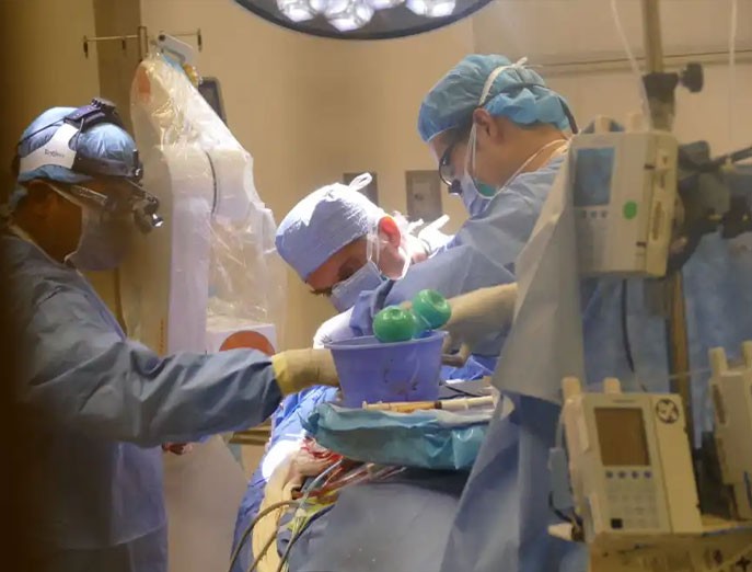 A group of surgeons wear surgical masks, head coverings, gowns and gloves while operating on a patient under an operating light.