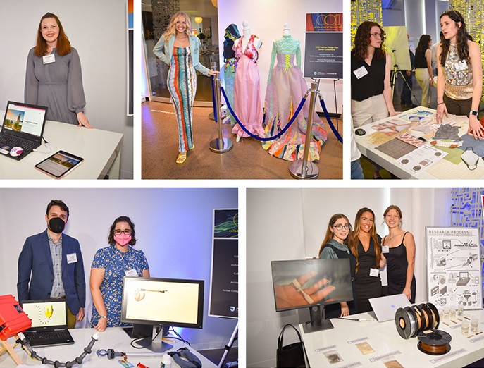 A collage of five different photos showing 2022 Celebration of Innovation participants standing with digital displays, posters and prototypes of their projects.